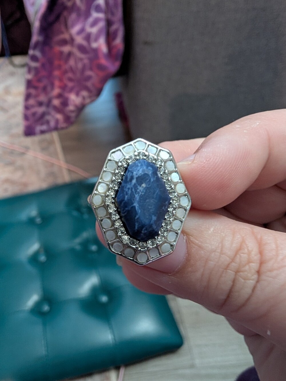 Chloe + Isabel Navy Blue Hexagon Statement Ring with Crystal Halo